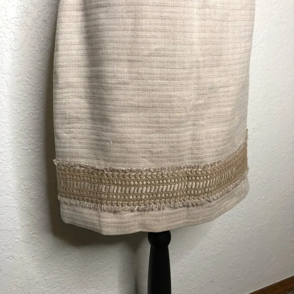 WHBM tan cream fringe trim linen blend sleeveless sheath dress size 8